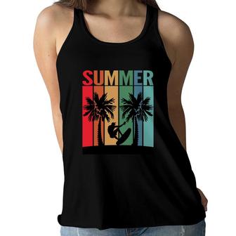 Summer Surfer Palm Trees Beach Retro Sunset Black Women Flowy Tank | Seseable CA