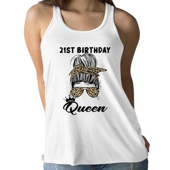 21St Birthday Queen Happy 21 Years Old Messy Bun Leopard Women Flowy Tank - Seseable