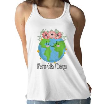 Happy Earth Day Cute Earth Smiles With Floral Earth Day 2022 Women Flowy Tank - Seseable