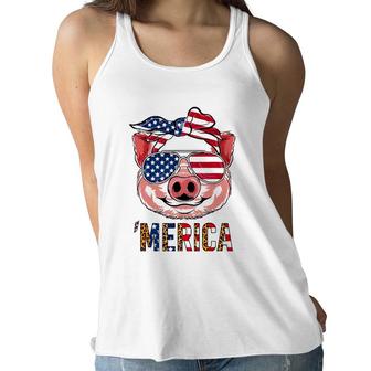 Pig Merica 4Th Of July American Flag Leopard Funny Girls Kid Women Flowy Tank - Seseable