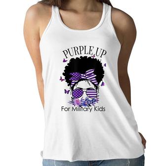 Purple Up For Military Kids Messy Bun Floral Butterfly Women Flowy Tank - Seseable