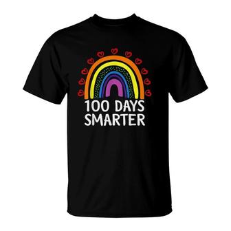 100Th Day Of School Teacher Student 100 Days Smarter Hearts Rainbow T-Shirt - Seseable