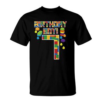 7 Years Old Cute 7Th Birthday Gift Block Building Boys Kids T-Shirt | Mazezy