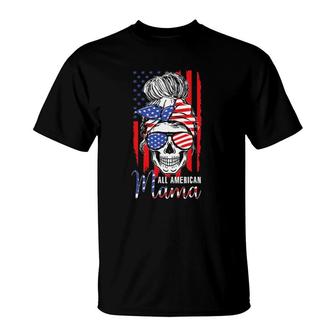 All American Mama Usa Flag Messy Bun Skull Mom 4Th Of July T-Shirt - Seseable