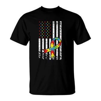 Autism Awareness American Flag Distressedgift T-Shirt | Mazezy