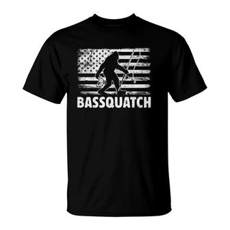 Bassquatch Funny Bigfoot Fisherman American Flag Fishing T-Shirt - Seseable
