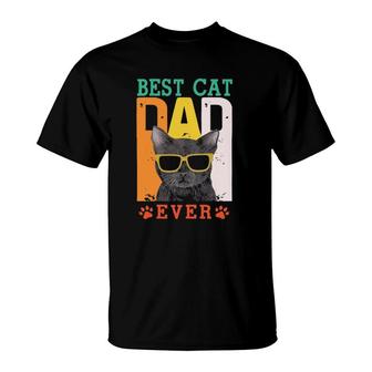 Best Cat Dad Ever Cat With Sunglasses Fathers Day Dog Paw Retro T-Shirt - Seseable