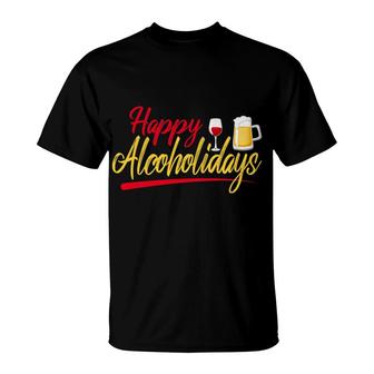 Christmas Happy Alcoholidays Tees Alcohol Wine Beer T-Shirt - Monsterry CA