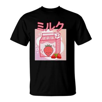 Cute Pink Strawberry Milk Japanese Kawaii Retro 90S Anime T-Shirt - Seseable