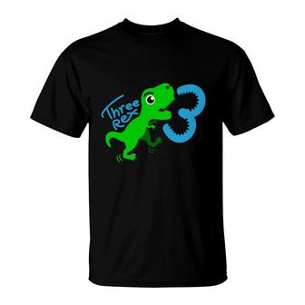 Dinosaur Is Three Rex Green And Congratuations 3Rd Birthday T-Shirt - Seseable