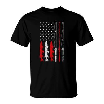 Fishing Rod American Flag Vintage Fishing Gift For Fisherman T-Shirt - Seseable