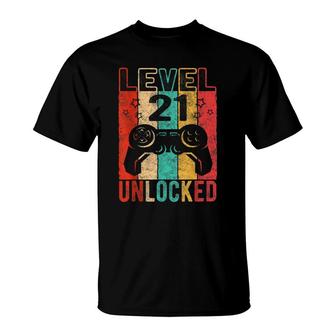 Fun 21St Birthday Level 21 Unlocked Retro Graphic Birthday T-Shirt - Seseable