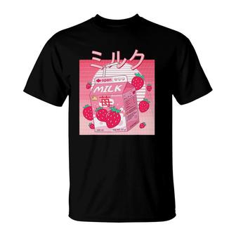 Funny Retro 90S Pink Strawberry Milk Japanese Kawaii T-Shirt - Seseable