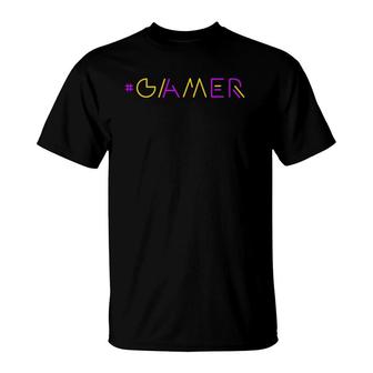 Gamer Retro Gaming Gamer & Video Game Lover Yellow-Purple T-Shirt - Seseable