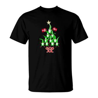 God Jul Christmas Tree Tomte Nisse Gnome Elf Danish Flag T-Shirt - Monsterry DE