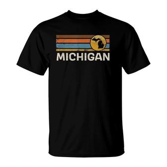 Graphic Tee Michigan Us State Map Vintage Retro Stripes T-Shirt | Mazezy
