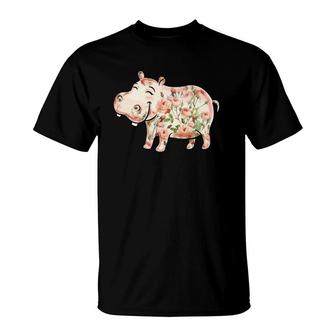 Hippopotamus Floral Nature Hutto Lover Cute Pink Roses Hippo T-Shirt | Mazezy