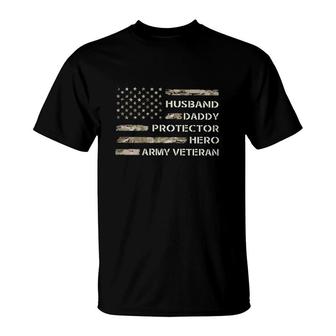 Husband Daddy Protector Hero Army Veteran American Flag Vintage Retro T-Shirt | Seseable UK