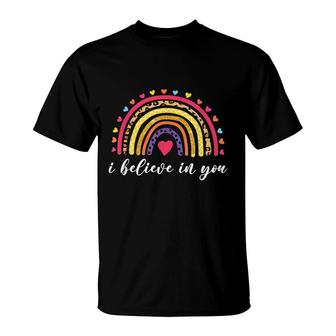 I Believe In You Rainbow Leopard Print Test Day Teacher T-Shirt - Seseable