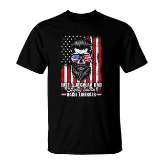 Just A Regular Dad Trying Not To Raise Liberals Beard Dad American Flag Sunglasses T-Shirt - Seseable