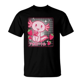 Kawaii Axolotl Strawberry Milk Shake Carton Japanese Anime T-Shirt - Seseable