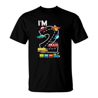 Kids Im 2 Birthday Boy Two Years Birthday 2Nd Bday Trucks Cars T-Shirt | Mazezy