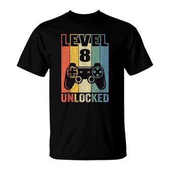 Kids Level 8 Unlocked Funny Video Gamer 8Th Birthday Gift T-Shirt - Seseable