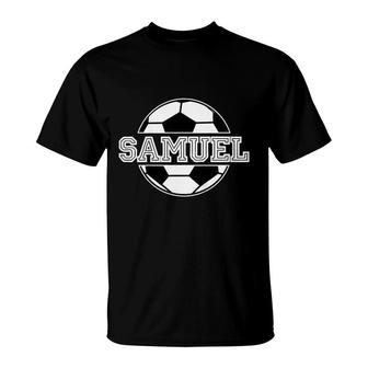 Kids Soccer Boy Samuel Birthday Soccer Ball Kids Name T-Shirt - Seseable