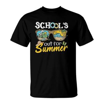 Last Day Of School Teacher Student Schools Out For Summer Vacation Beach Palm Tree Sun Sunglasses T-Shirt - Seseable