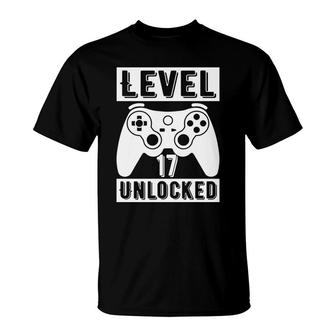 Level 17 Unlocked 17Th Birthday White Black Gamer T-Shirt - Seseable