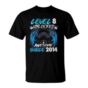 Level 8 Unlocked Awesome Since 2014 8Th Birthday Gifts Gamer T-Shirt | Mazezy