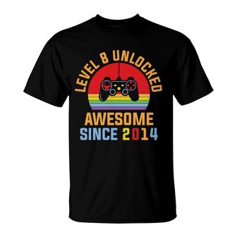 Level 8 Unlocked Awesome Since 2014 And Congratuations 8Th Birthday T-Shirt - Seseable