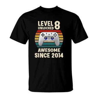 Level 8 Unlocked Awesome Since 2014 And Happy 8Th Birthday T-Shirt - Seseable