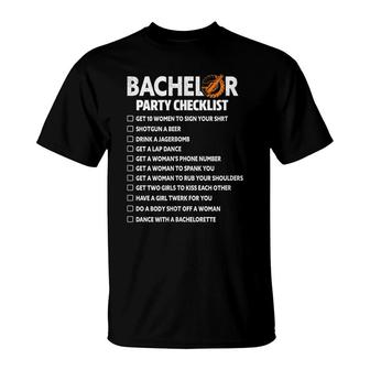 Mens Bachelor Party Checklist Groom Groomsmen Stag Party Wedding T-Shirt - Seseable