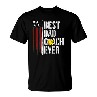 Mens Best Dad Coach Ever American Flag Softball Dad Fathers Day T-Shirt - Seseable