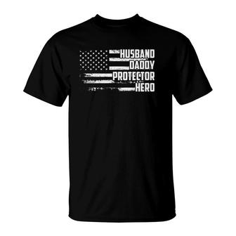 Mens Husband Daddy Protector Hero Us Flag Veteran Fathers Day T-Shirt - Seseable