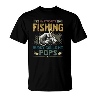 Mens Mens My Favorite Fishing Buddy Calls Me Pops Fathers Day T-Shirt - Seseable