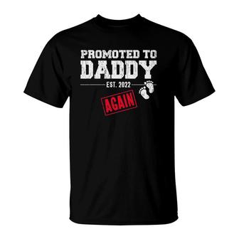 Mens Promoted To Daddy Again 2022 Dad Pregnancy Announcement T-Shirt | Mazezy