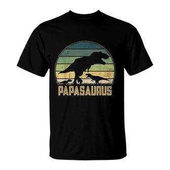 Papasaurus 2 Kids Vintage Retro Sunset Funny Dad Dinosaur T-Shirt - Seseable