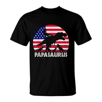 Papasaurus Rex Dad Of 4 Patriotic Usa Dinosaur Father T-Shirt - Seseable