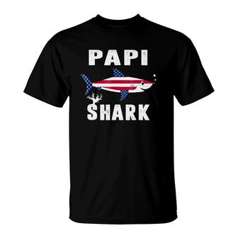 Papi Shark American Usa Flag Fathers Day Gifts For Dad T-Shirt - Seseable