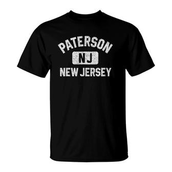 Paterson Nj New Jersey Gym Style Distressed White Print T-Shirt | Mazezy