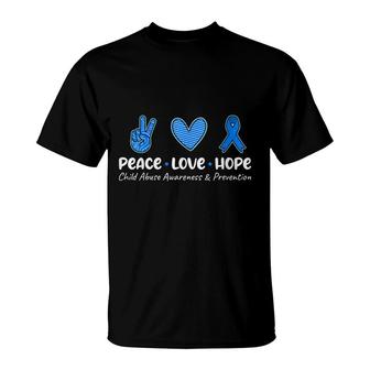 Peace Love Hope Child Abuse Awareness Prevention Blue Ribbon T-Shirt - Seseable