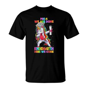 Pre-K We Are Done Kindergarten Here We Come Unicorn Kids T-Shirt - Seseable