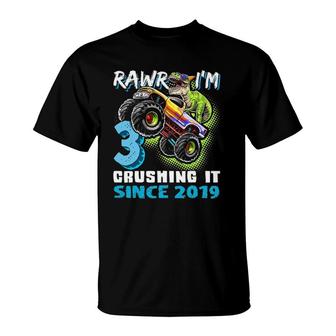 Rawr Im 3 Monster Truck Dinosaur 3Rd Birthday Party Boys T-Shirt | Mazezy