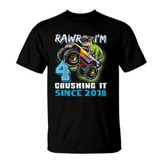 Rawr Im 4 Monster Truck Dinosaur 4Th Birthday Party Boys T-Shirt | Mazezy