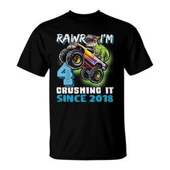 Rawr Im 4 Monster Truck Dinosaur 4Th Birthday Party Boys T-Shirt - Seseable