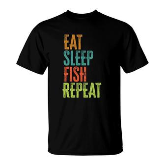 Retro Eat Sleep Fish Repeat Rod Catch Trout Fisherman Legend T-Shirt | Mazezy