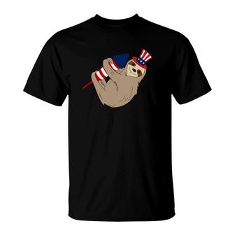 Rocket Firecracker Sloth American Flag 4Th July T-Shirt - Monsterry