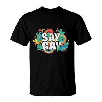 Say Gay Rainbow Vintage Floral Stay Proud Lgbtq Gay Rights T-Shirt - Seseable
